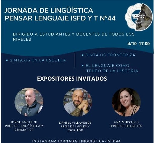 Flyer oficial de la Jornada de Lingüística: Pensar Lenguaje, ISFD y T N° 44
